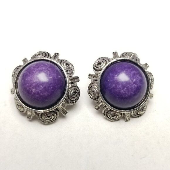 Vintage Purple Cabochon Clip On Earrings, Silver Tone Scroll Design Setting - Picture 1 of 6